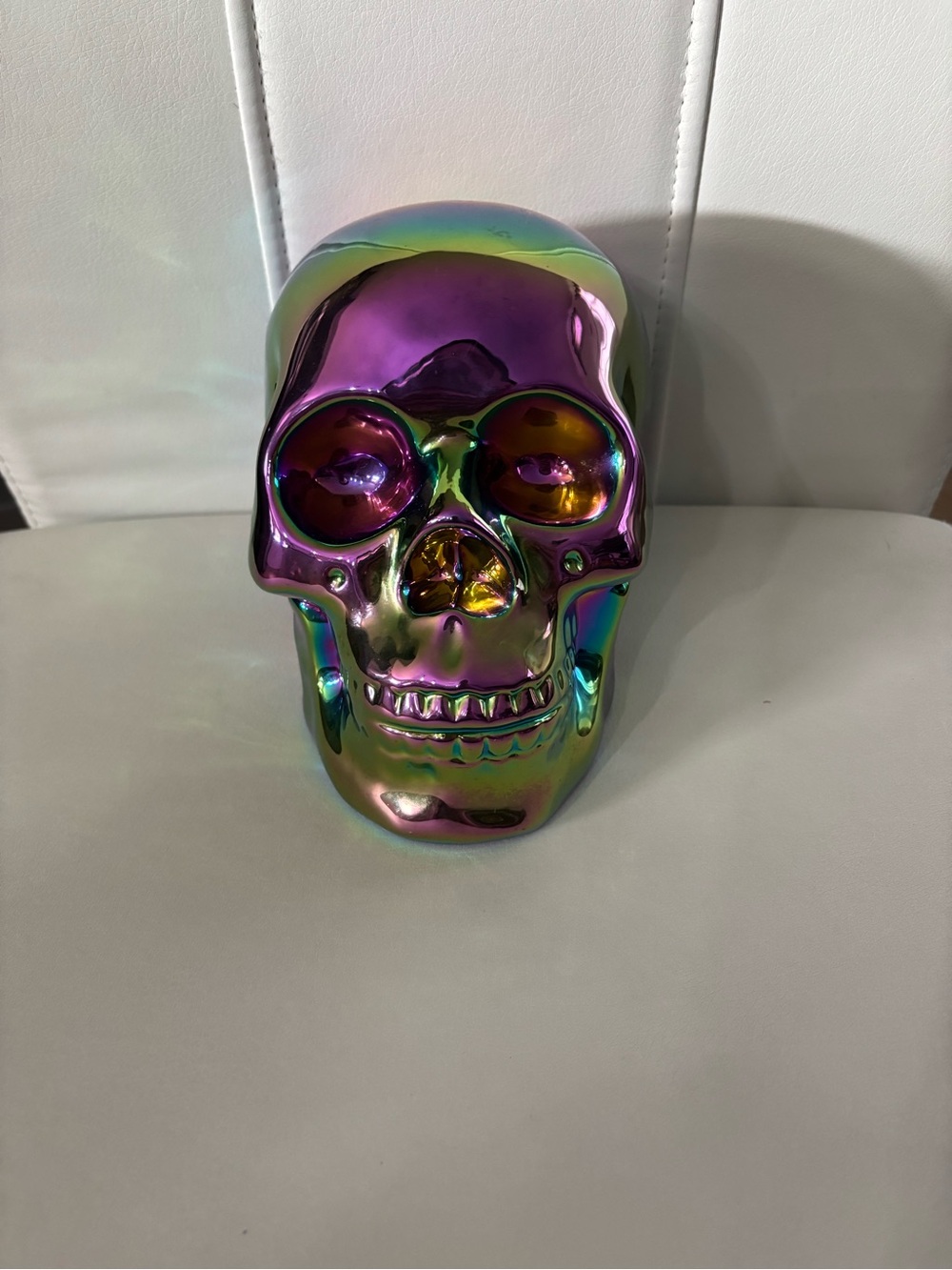 Iridescent Rainbow Oil Slick Skull Decorative Sculpture - Halloween